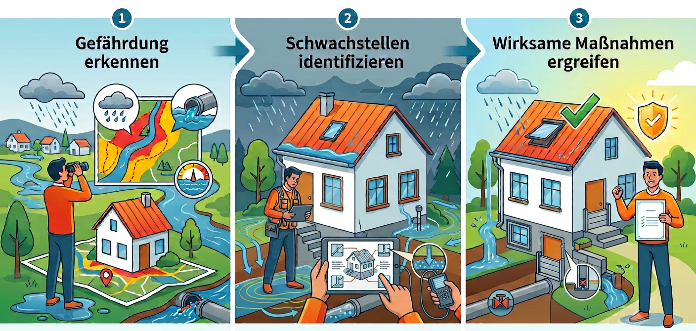 Mit dem Hochwasserpass können Eigentümer:innen von gefährdeten Immobilien Schwachstellen ermitteln und entsprechende Schutzmaßnahmen ergreifen.
